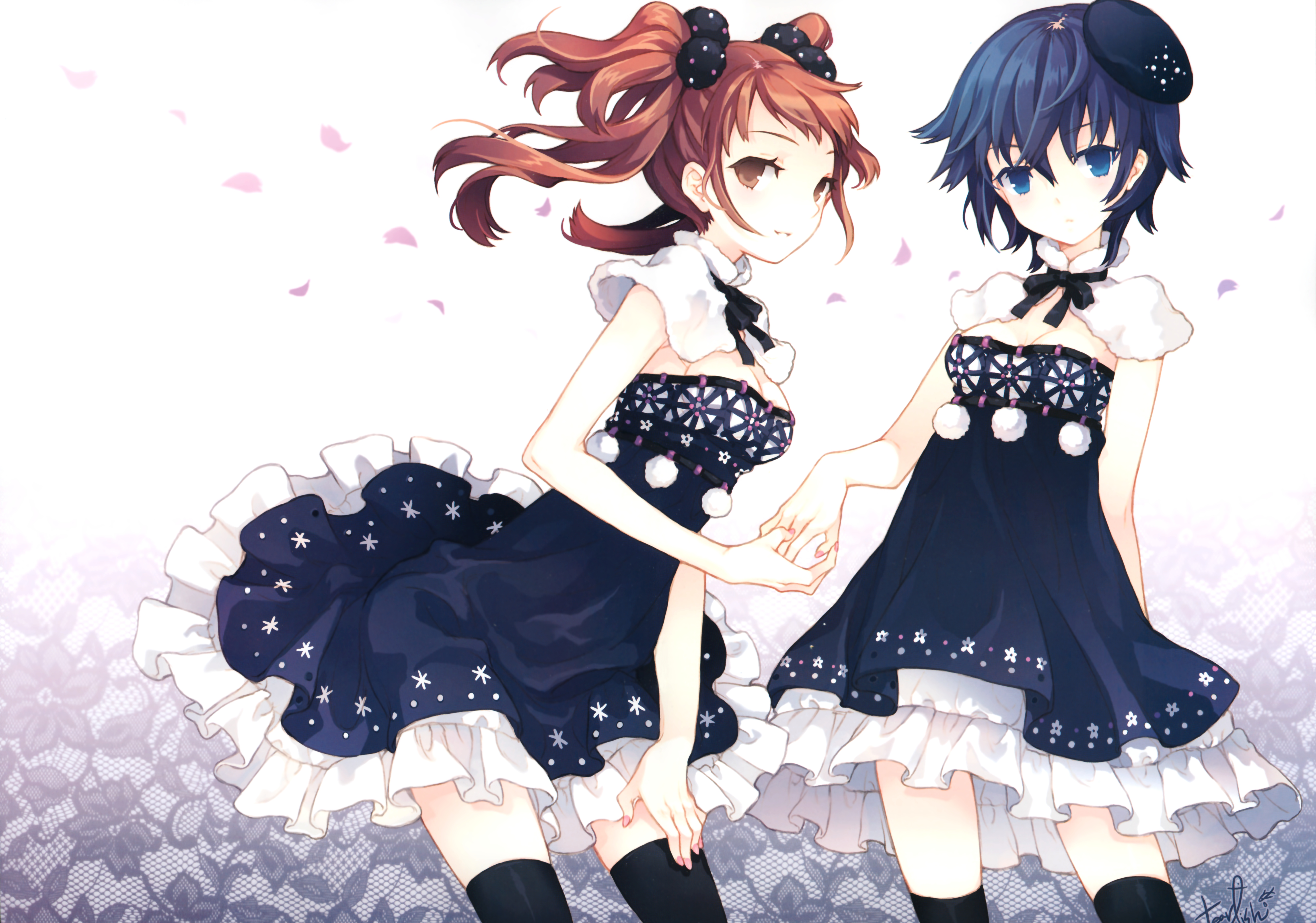 tearfish, kujikawa rise, shirogane naoto, atlus, persona, persona 4, absurdres, highres, 2girls, beret, clothes lift, dress, dress lift, hat, lingerie, multiple girls, petticoat, short hair, thighhighs, twintails, underwear, zettai ryouiki