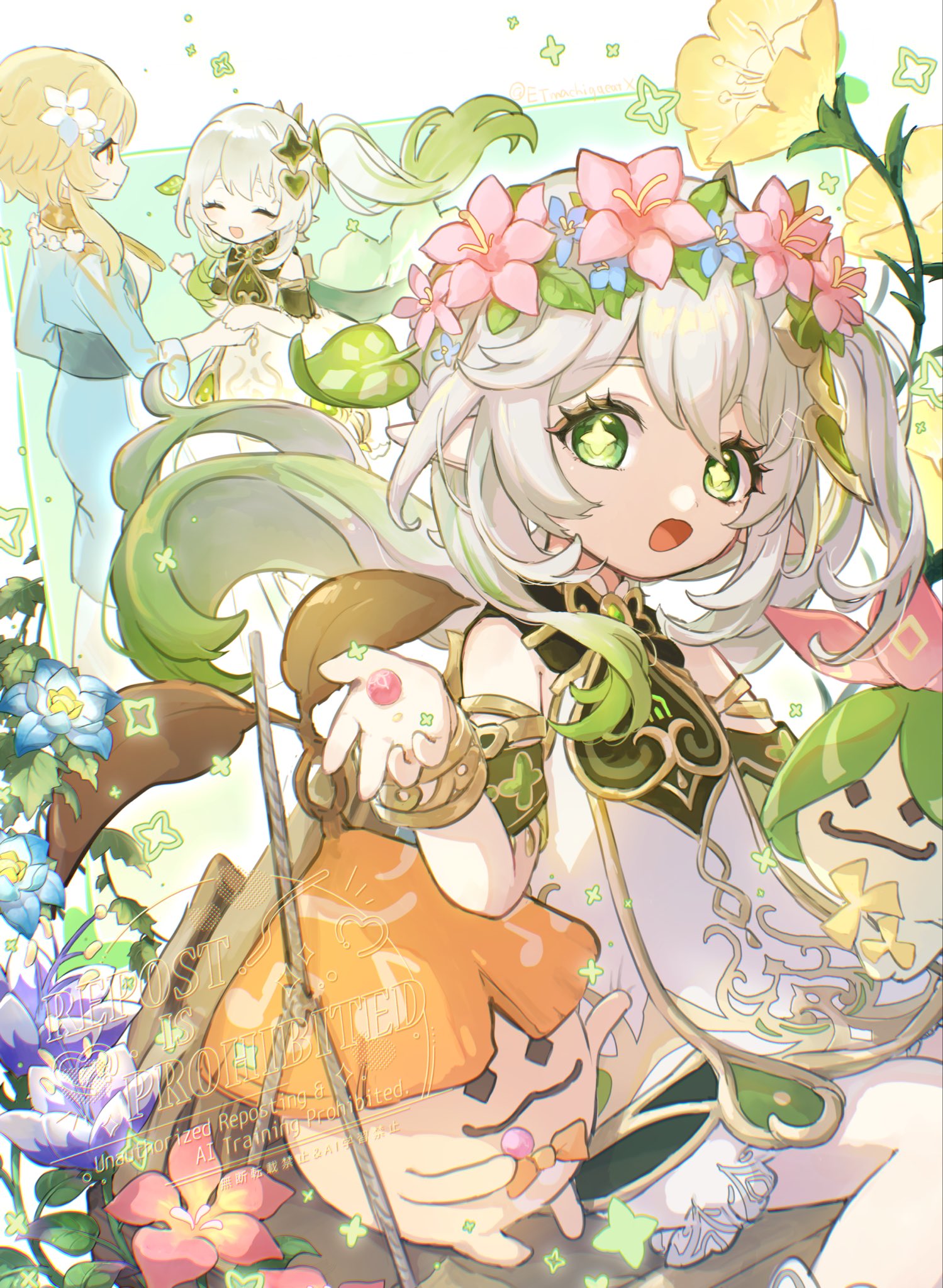 etmachigaeatx, lumine (genshin impact), nahida (genshin impact), genshin impact, commentary request, highres, 1girl, bare shoulders, blonde hair, bracelet, closed eyes, detached sleeves, dress, flower, flower wreath, gold trim, gradient hair, green eyes, green hair, green sleeves, hair between eyes, hair ornament, hand up, head wreath, holding hands, jewelry, leaf hair ornament, long hair, looking at another, looking at viewer, multicolored hair, on swing, open mouth, pink flower, pointy ears, short hair with long locks, side ponytail, sleeveless, sleeveless dress, star-shaped pupils, star (symbol), swing, symbol-shaped pupils, watermark, white dress, white hair, yellow eyes
