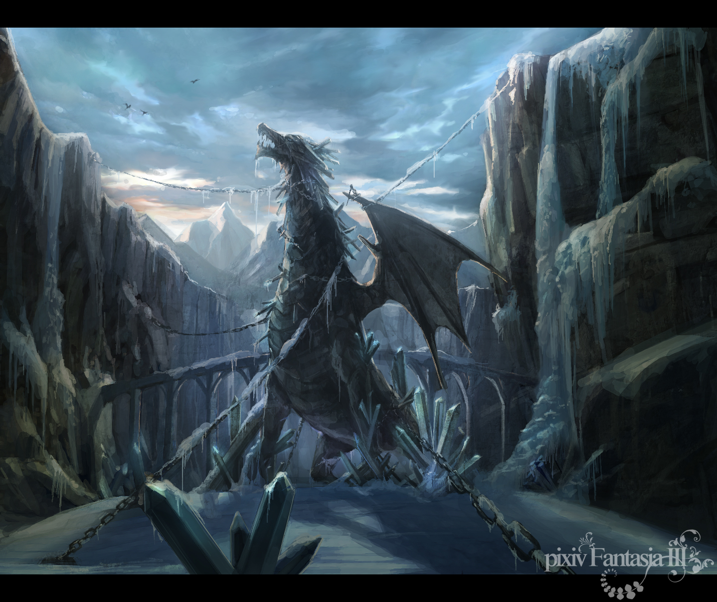 hage2013, pixiv fantasia, pixiv fantasia 3, bad id, bad pixiv id, highres, bird, bridge, chain, crystal, dragon, frozen, gigandal federation, ice, letterboxed, mountain, no humans, scenery, sky, wings