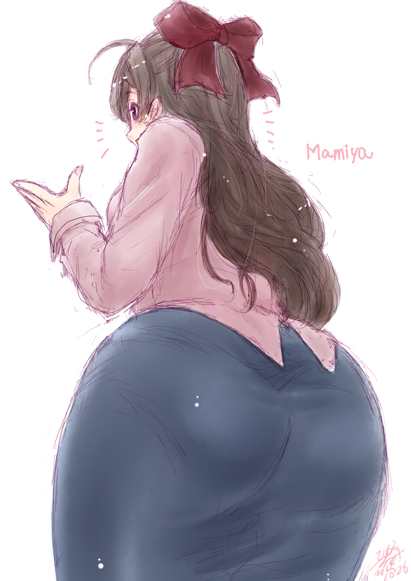 koshigaya tatsumi, mamiya (kancolle), kantai collection, 1girl, ahoge, ass, ass focus, blue skirt, brown hair, character name, from behind, hair ribbon, one-hour drawing challenge, pink shirt, red eyes, red ribbon, ribbon, shirt, simple background, skirt, solo, white background