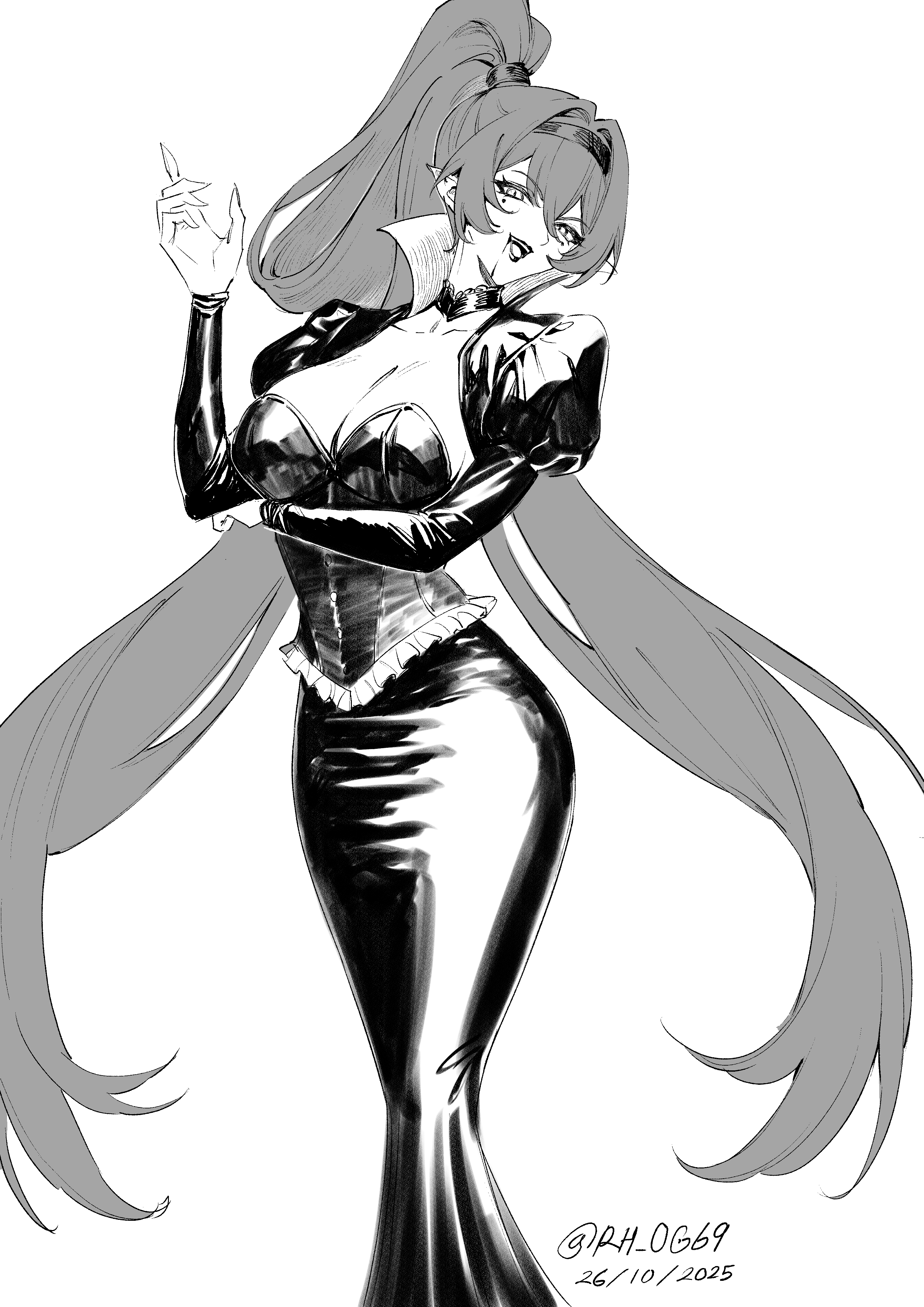 rh og69, yinlin (wuthering waves), wuthering waves, absurdres, commentary, english commentary, highres, 1girl, alternate costume, arm under breasts, breasts, choker, circle facial mark, collarbone, dress, greyscale, hair between eyes, hairband, hand up, high ponytail, large breasts, long dress, long hair, looking at viewer, mark under both eyes, monochrome, open mouth, pointy ears, ponytail, sidelocks, smile, solo, very long hair