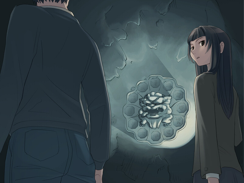 takamichi, kaida masashi, yaguruma fumino, hate shinaku aoi kono sora no shita de…., 1boy, 1girl, black hair, cave, dark, long hair, looking back