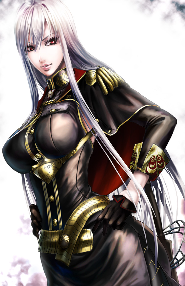 sadakage, selvaria bles, senjou no valkyria, senjou no valkyria (series), senjou no valkyria 1, 00s, 1girl, breasts, curvy, detached sleeves, female focus, gloves, hip focus, large breasts, lips, long hair, pantyhose, red eyes, solo, very long hair, white hair, wide hips