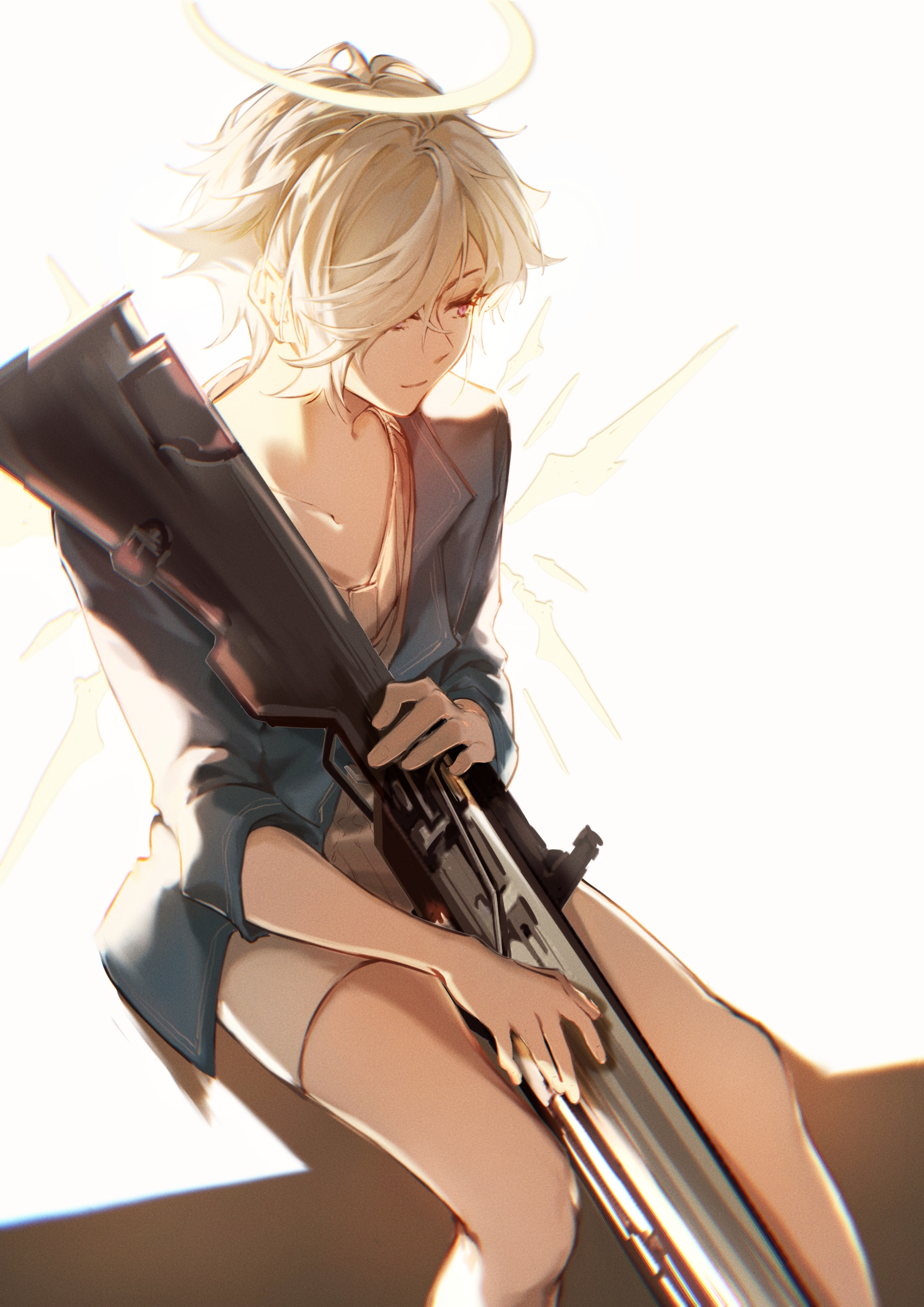 anz1105, enforcer (arknights), arknights, absurdres, chinese commentary, highres, 1boy, assault rifle, backlighting, between legs, blue jacket, closed mouth, collarbone, energy wings, gun, hair flaps, hair over one eye, halo, holding, holding gun, holding weapon, jacket, lapels, male focus, notched lapels, open clothes, open jacket, purple eyes, rifle, shirt, short hair, short shorts, shorts, sideways glance, simple background, sitting, sleeve cuffs, smile, solo, three-quarter sleeves, traditional halo, v-neck, weapon, weapon between legs, white background, white shirt, white shorts