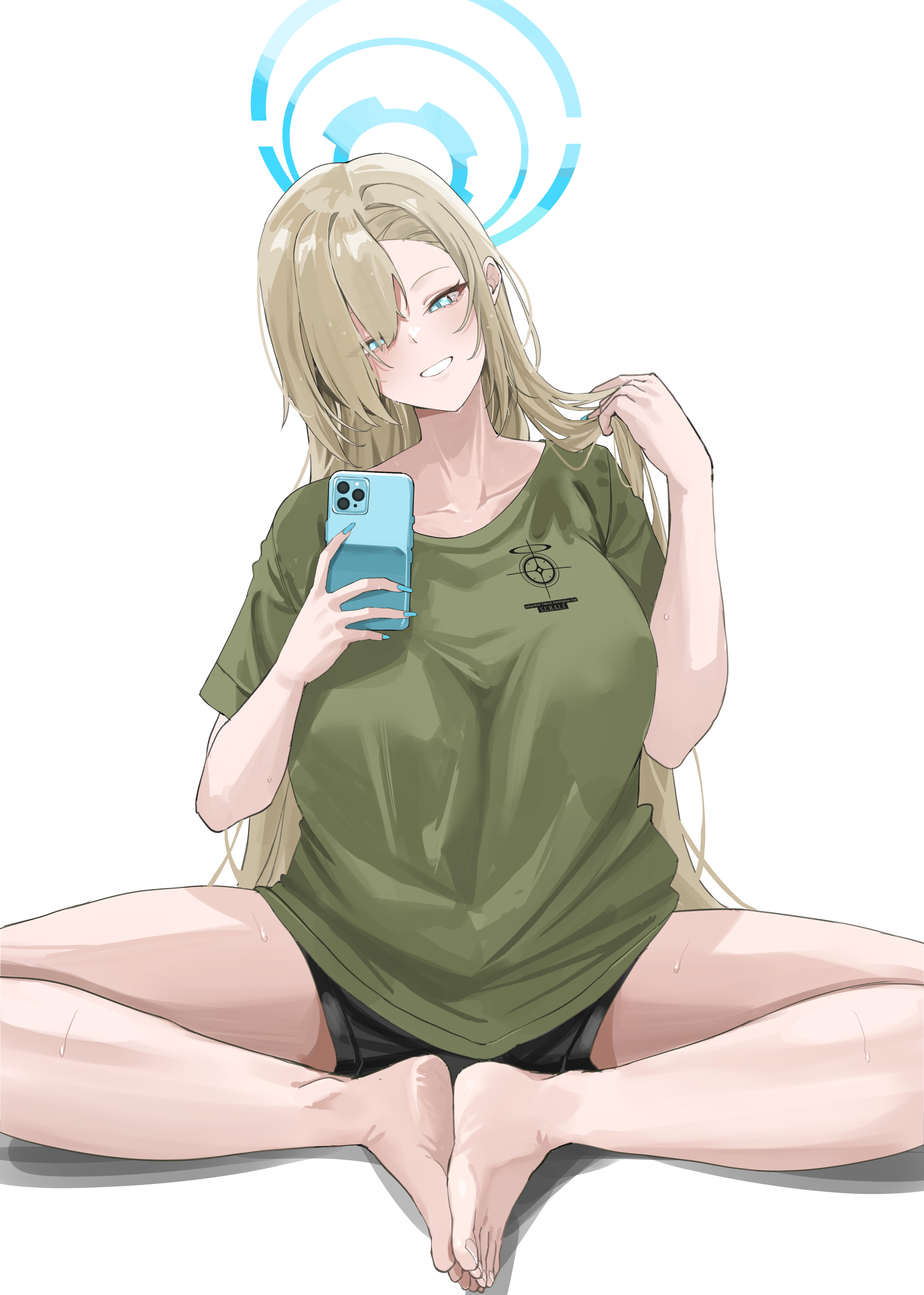 miz blank, asuna (blue archive), blue archive, absurdres, highres, 1girl, alternate costume, aqua eyes, barefoot, blue halo, breasts, cellphone, collarbone, green shirt, halo, holding, holding phone, large breasts, phone, shirt, simple background, sitting, solo, toes, white background