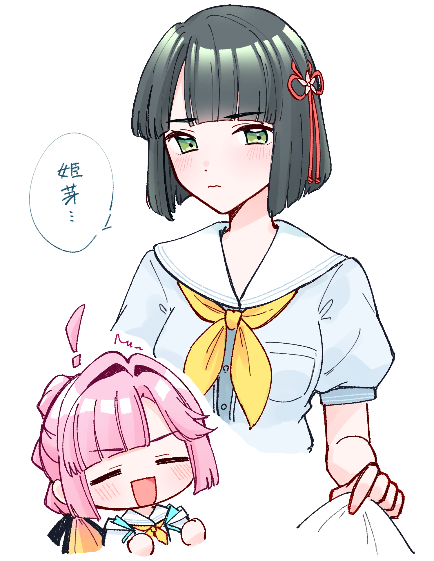 zangemiya, anyoji hime, momose ginko, link! like! love live!, love live!, commentary, highres, symbol-only commentary, !, 2girls, 3:, :d, ahoge, black ribbon, blonde hair, blue dress, blunt bangs, blunt ends, bob cut, breast pocket, breasts, closed eyes, closed mouth, detached ahoge, dress, flower, flower knot, gradient hair, green hair, hair flower, hair intakes, hair ornament, hair ribbon, hasu no sora school uniform, inverted bob, light frown, medium breasts, multicolored hair, multiple girls, neckerchief, open mouth, pink flower, pink hair, pocket, ponytail, puffy short sleeves, puffy sleeves, ribbon, sailor collar, sailor dress, school uniform, short hair, short sleeves, simple background, smile, summer uniform, v-shaped eyebrows, virtual youtuber, white background, white sailor collar, yellow neckerchief