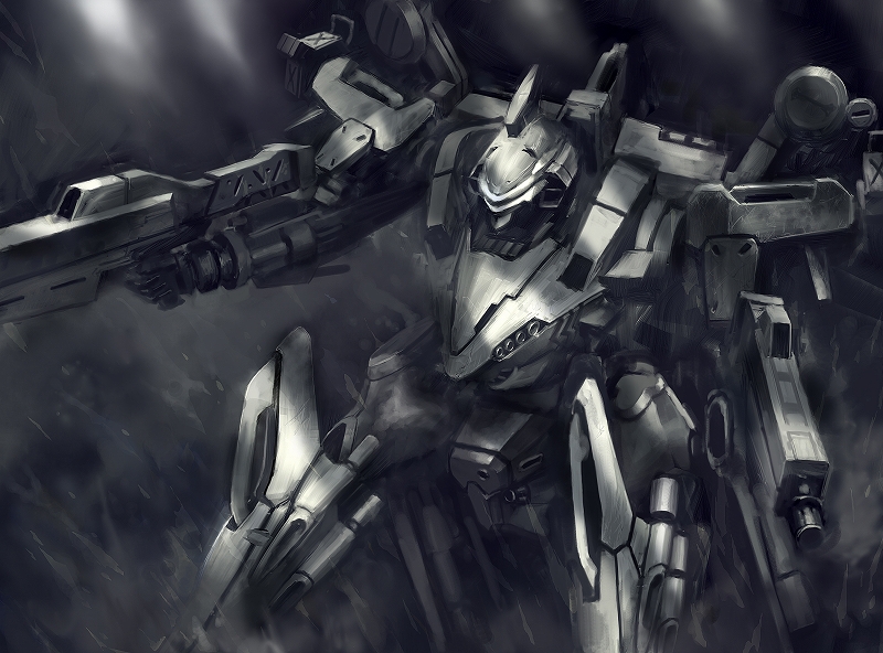 mozuo, nine breaker, armored core, armored core: nine breaker, fromsoftware, armor, dual wielding, gun, helmet, holding, machinery, mecha, no humans, robot, weapon