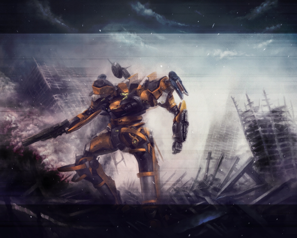mozuo, armored core, fromsoftware, armor, helmet, machinery, mecha, no humans, robot, weapon