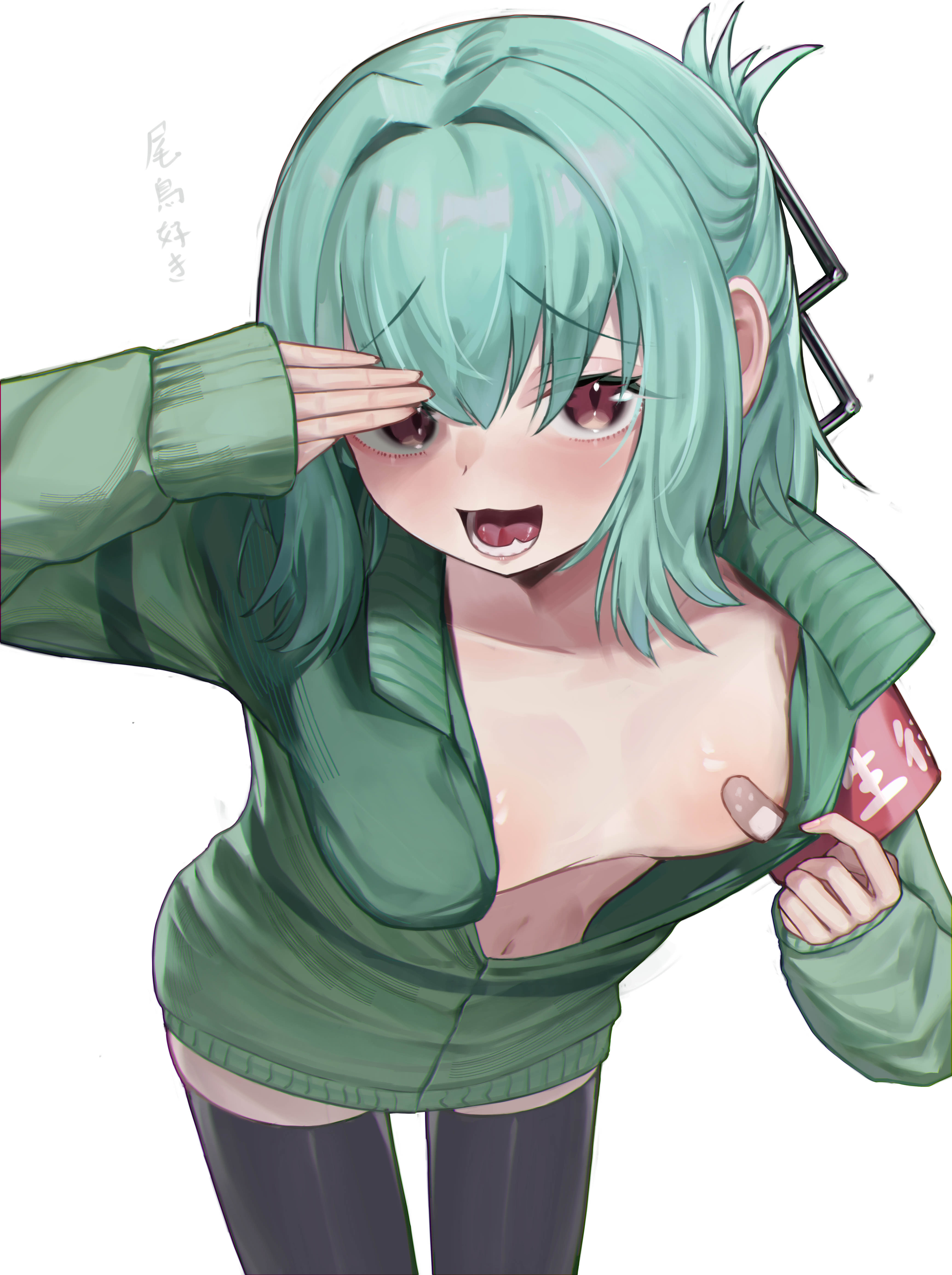 lechiennoir, otori tan, seitokai ni mo ana wa aru!, absurdres, commentary request, highres, 1boy, bandaid, bandaids on nipples, black thighhighs, green hair, green jacket, jacket, long sleeves, looking at viewer, male focus, male with breasts, open mouth, pasties, red eyes, salute, simple background, solo, standing, thighhighs, trap, white background