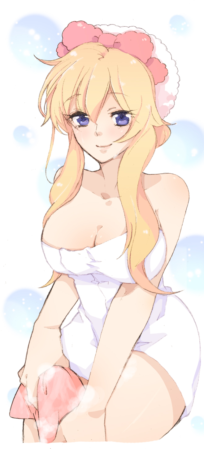 yakumo yukari, touhou, highres, 1girl, blonde hair, breasts, female focus, gradient background, hat, impossible towel, large breasts, long hair, naked towel, purple eyes, smile, solo, towel, white background