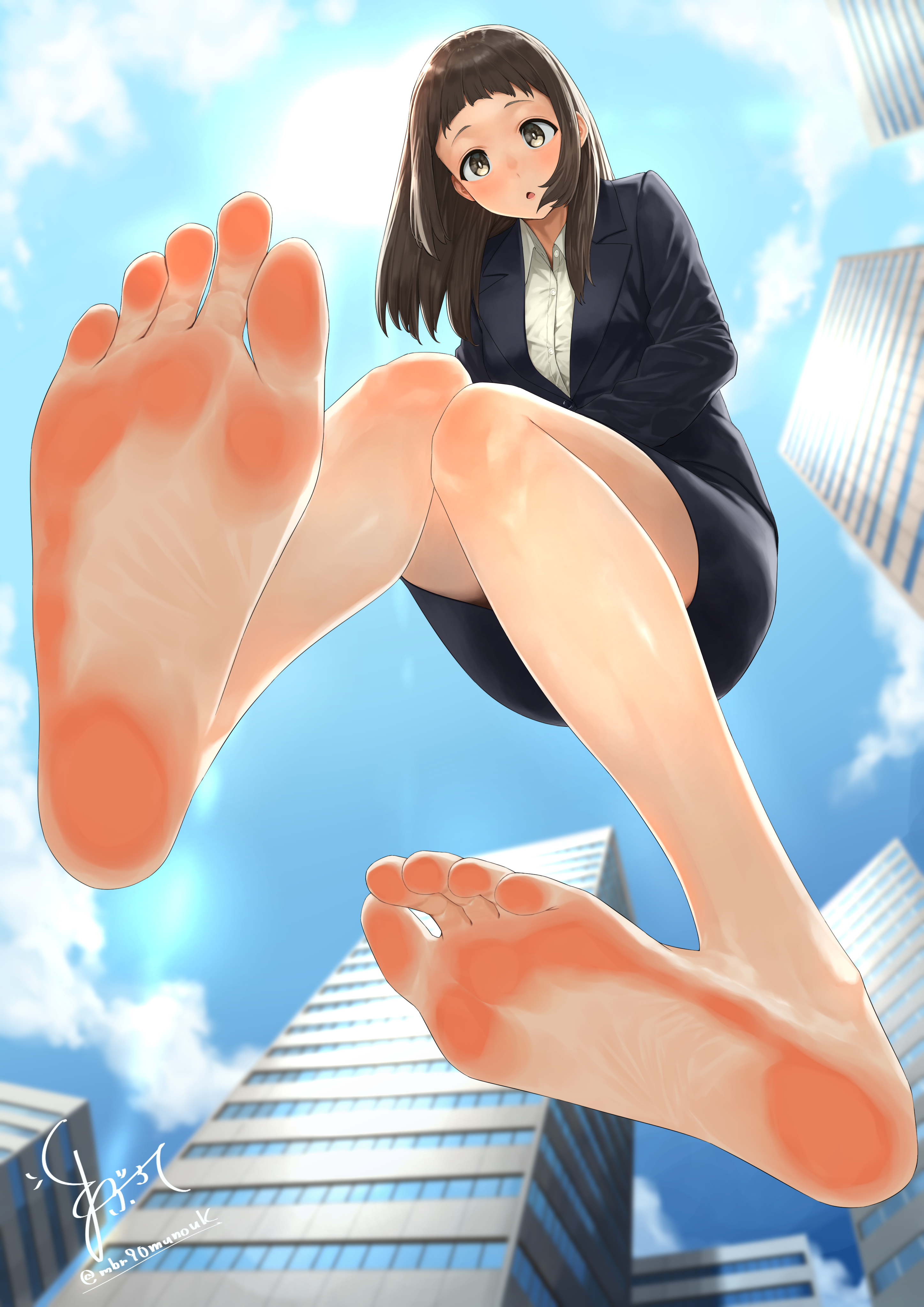 maburoku, absurdres, highres, 1girl, barefoot, brown eyes, brown hair, feet, light blush, long hair, looking at viewer, office lady, parted lips, soles, toes