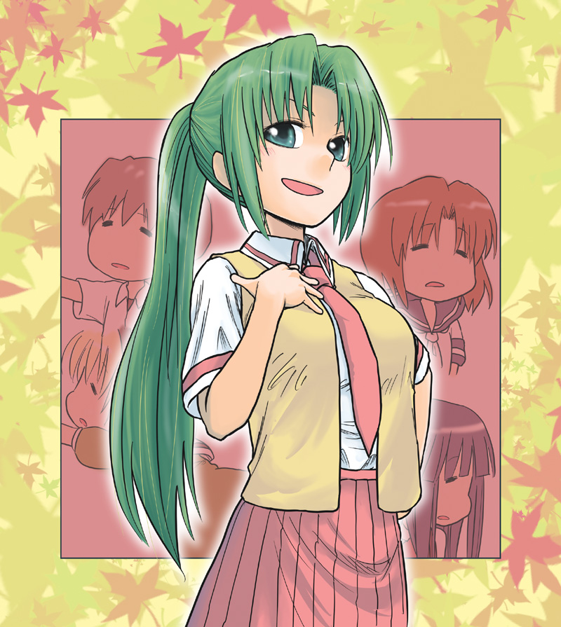 abekawa, furude rika, houjou satoko, maebara keiichi, ryuuguu rena, sonozaki mion, higurashi no naku koro ni, 00s, 1boy, 4girls, blonde hair, green eyes, green hair, multiple girls, necktie, ponytail, ribbon, school uniform