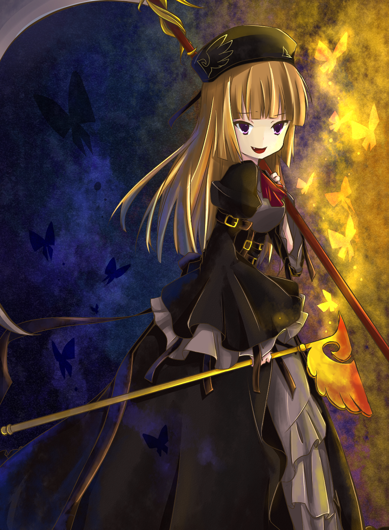cat ting, nyoko (catting), rosa beatrice, ushiromiya rosa, umineko no naku koro ni, bad id, bad pixiv id, 00s, 1girl, blonde hair, blood, blunt bangs, female focus, hat, hime cut, long hair, scythe, solo, staff, weapon