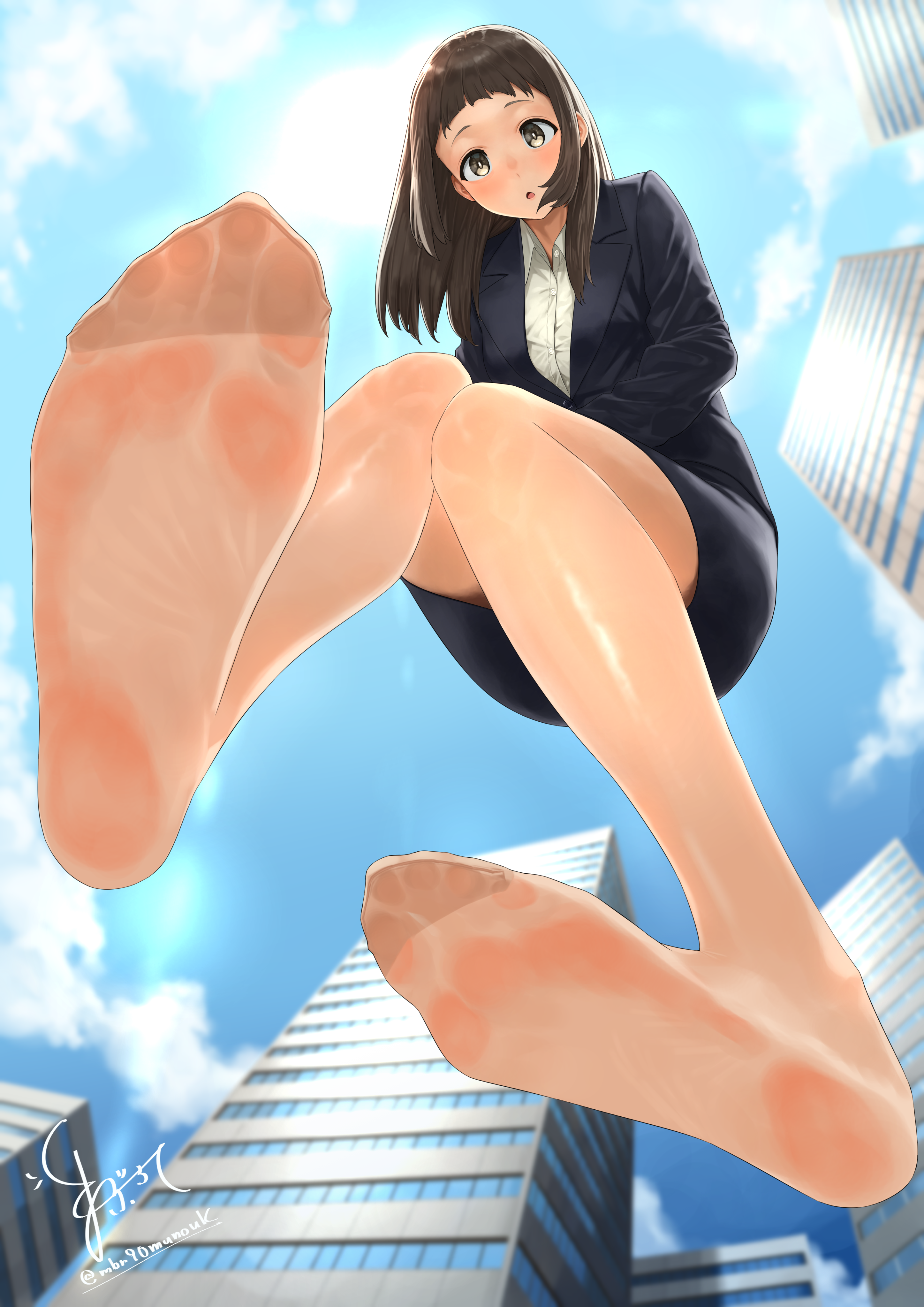 maburoku, absurdres, highres, 1girl, brown eyes, brown hair, feet, light blush, long hair, looking at viewer, office lady, pantyhose, parted lips, soles, toes
