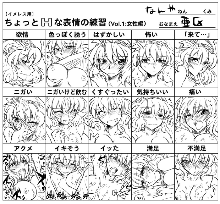 aku (dejigiga), yasaka kanako, touhou, translated, 1girl, afterglow, breasts, chart, cum, female focus, greyscale, hairband, large breasts, leaf, monochrome, multiple drawing challenge, multiple expressions, nipples, nude, short hair, slightly naughty expressions practice, solo