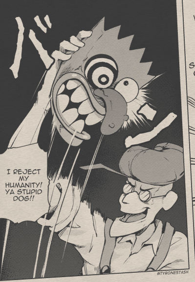 tyrone, eustace bagge, courage the cowardly dog, jojo no kimyou na bouken, phantom blood, commentary, derivative work, english commentary, 1boy, comic panel redraw, english text, glasses, hat, holding, holding mask, i reject my humanity (meme), male focus, mask, meme, monochrome, open mouth, solo, speech bubble, twitter username