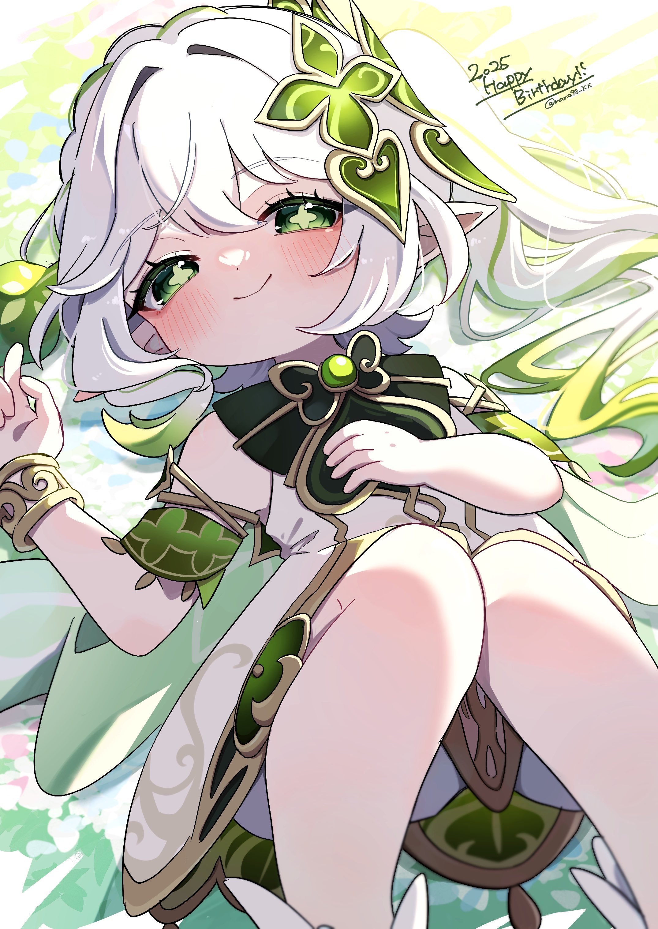 nanakusa yomogi, nahida (genshin impact), genshin impact, absurdres, commentary request, highres, 1girl, bare shoulders, blush, bracelet, closed mouth, detached sleeves, dress, gold trim, gradient hair, green eyes, green hair, green sleeves, hair between eyes, hair ornament, happy birthday, jewelry, leaf hair ornament, long hair, looking at viewer, lying, multicolored hair, on back, pointy ears, side ponytail, sleeveless, sleeveless dress, smile, solo, star-shaped pupils, star (symbol), symbol-shaped pupils, twitter username, white dress, white hair
