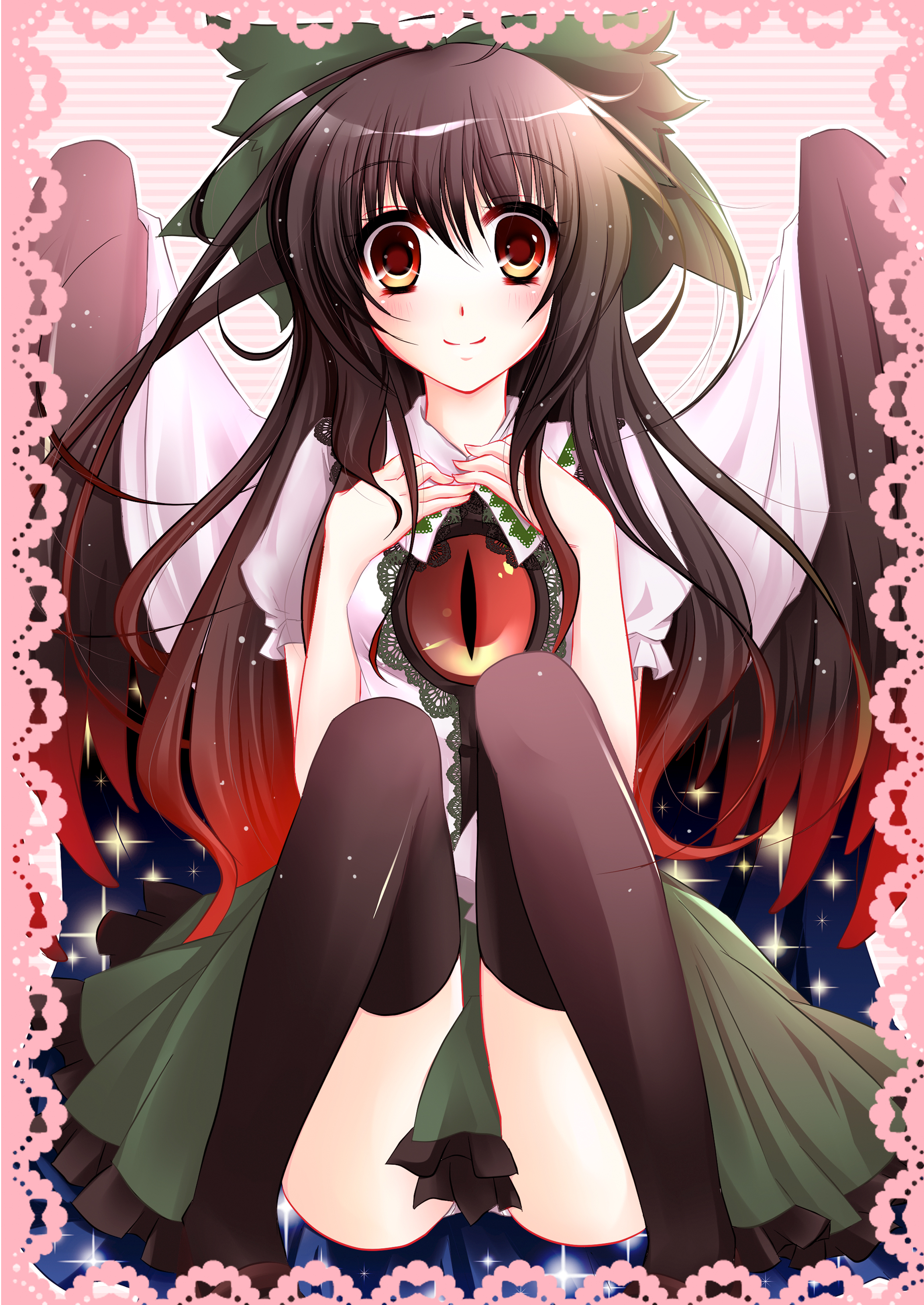 kurose rena, suponge, reiuji utsuho, touhou, absurdres, highres, 1girl, black hair, brown hair, female focus, hair ribbon, long hair, red eyes, ribbon, solo, thighhighs, very long hair, wings