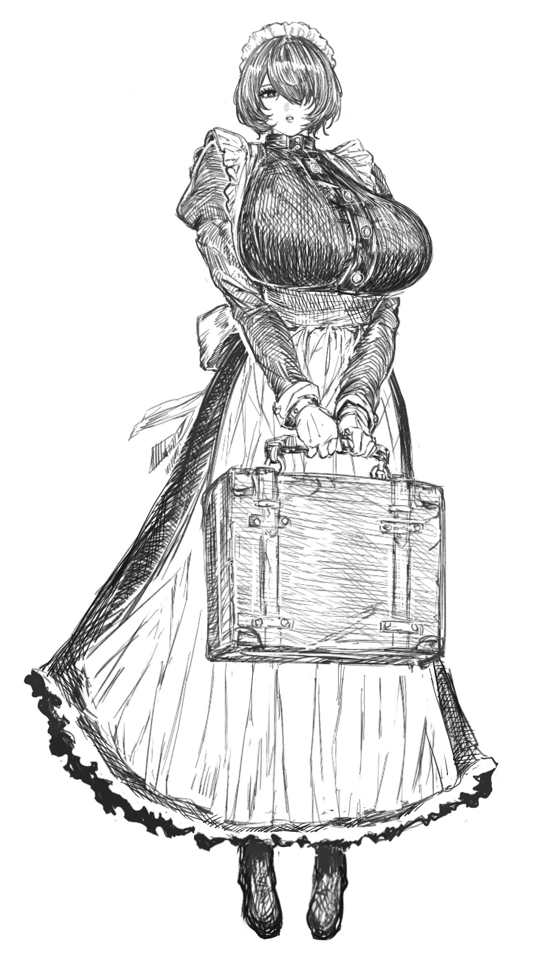 indinu, original, highres, 1girl, apron, bag, black eyes, black hair, borrowed character, breasts, briefcase, holding, large breasts, maid, maid apron, maid headdress, monochrome, one eye covered, parted lips, short hair, simple background, solo, standing, suitcase, touri (hishigata), white background