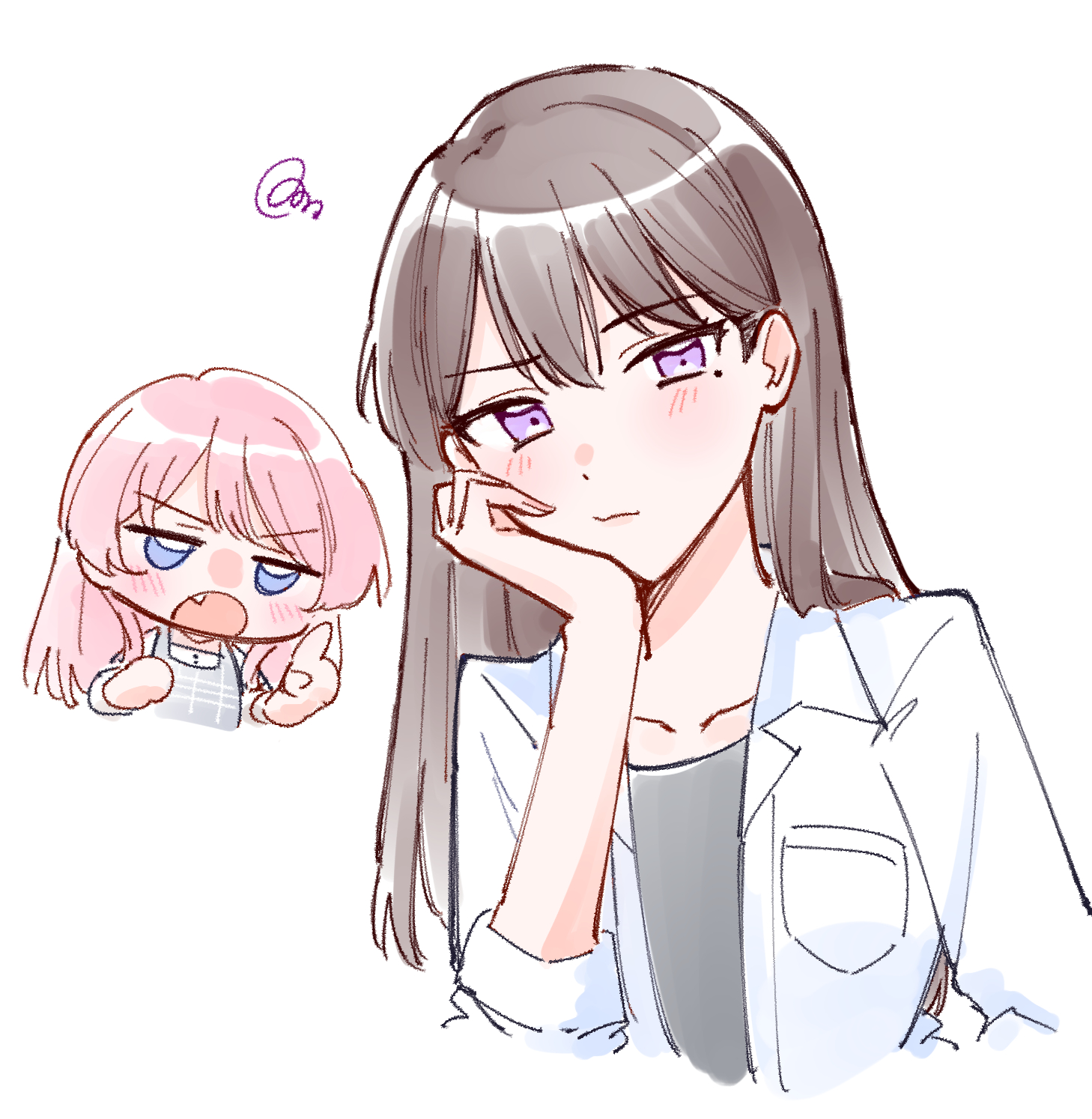 zangemiya, chihaya anon, shiina taki, bang dream!, bang dream! it's mygo!!!!!, highres, 2girls, black shirt, blue eyes, blush, breast pocket, brown hair, closed mouth, collarbone, dress, fang, grey dress, hand on own cheek, hand on own face, index finger raised, long hair, mole, mole under eye, multiple girls, open clothes, open mouth, open shirt, pinafore dress, pink hair, plaid clothes, plaid dress, pocket, purple eyes, shirt, simple background, sleeveless, sleeveless dress, squiggle, three-quarter sleeves, upper body, v-shaped eyebrows, white background