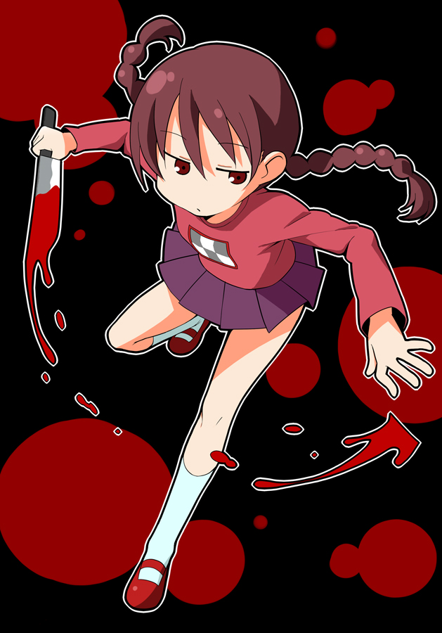 azuharu, azumi haruhito, madotsuki, yume nikki, bad id, bad pixiv id, 1girl, blood, braid, brown hair, child, female focus, knife, long hair, miniskirt, pink shirt, pleated skirt, purple skirt, red eyes, shirt, shoes, skirt, socks, solo, standing, twin braids, weapon