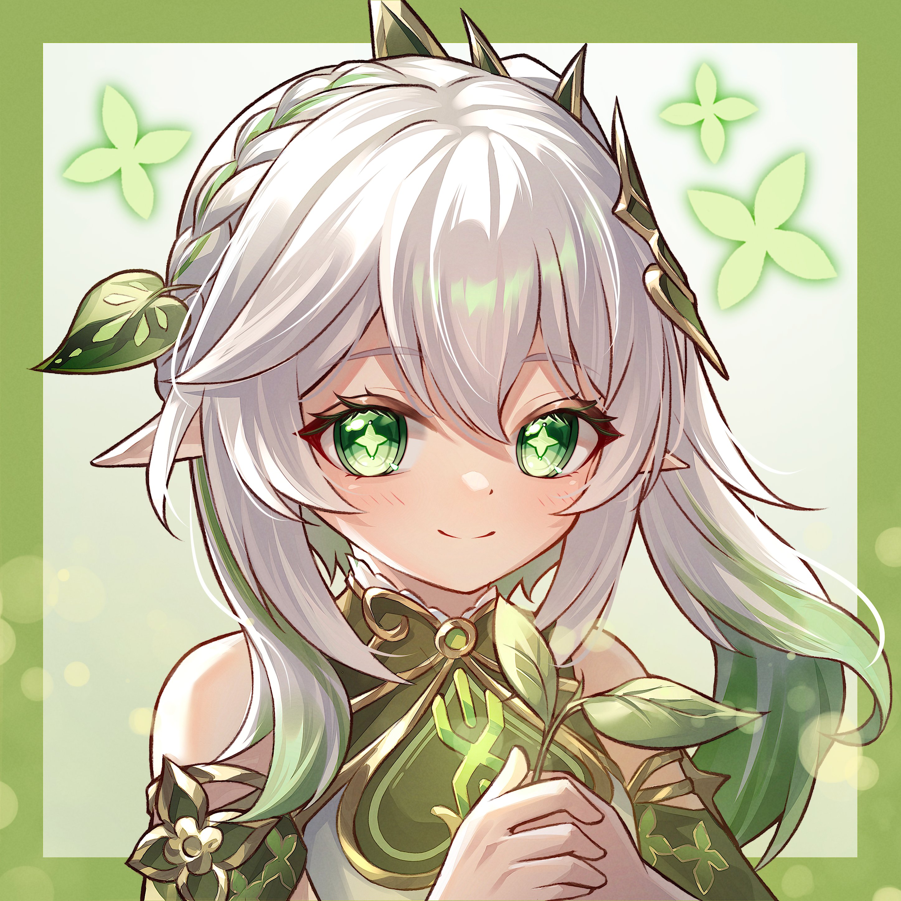 yuno kaihara, nahida (genshin impact), genshin impact, absurdres, commentary request, highres, 1girl, bare shoulders, blush, border, closed mouth, detached sleeves, gold trim, gradient hair, green border, green eyes, green hair, green sleeves, hair between eyes, hair ornament, hands up, holding, leaf hair ornament, long hair, looking at viewer, multicolored hair, pointy ears, side ponytail, sleeveless, smile, solo, symbol-shaped pupils, upper body, white hair