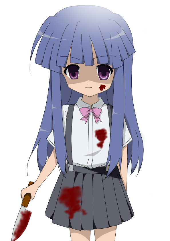 gerotyan, furude rika, higurashi no naku koro ni, bad id, bad pixiv id, 00s, 1girl, blood, blue hair, blunt bangs, bow, child, crazy, dress shirt, female focus, hime cut, knife, long hair, miniskirt, pleated skirt, purple eyes, shirt, simple background, skirt, smile, solo, standing, suspender skirt, suspenders, weapon