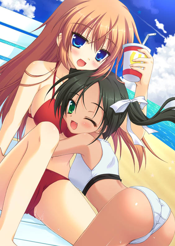 moribe (rabumanyo), charlotte e. yeager, francesca lucchini, strike witches, world witches series, 00s, 2girls, beach, bikini, black hair, blue eyes, blush, cameltoe, cloud, cup, day, fang, green eyes, hug, multiple girls, ocean, one eye closed, open mouth, outdoors, sky, swimsuit, twintails, water, wet, wink