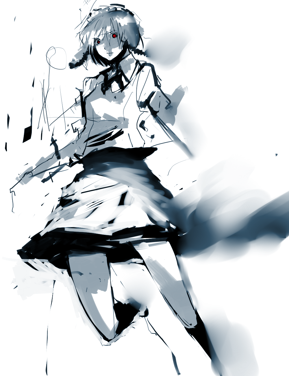 un-known (ninesix), izayoi sakuya, embodiment of scarlet devil, touhou, bad id, bad pixiv id, highres, 1girl, braid, female focus, foreshortening, looking down, miniskirt, monochrome, red eyes, skirt, socks, solo, spot color, standing, twin braids