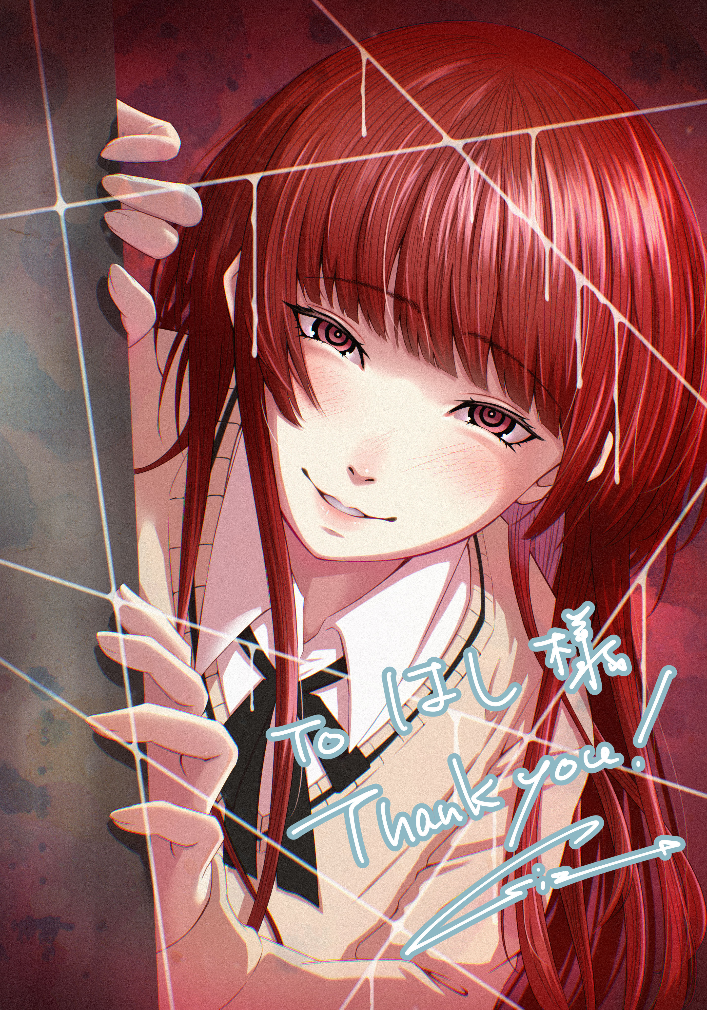 oshizu, kamizaki risa, amagami, absurdres, commentary request, commission, highres, skeb commission, 1girl, black bow, black bowtie, blunt bangs, bow, bowtie, commissioner name, grey sweater, kibito high school uniform, long hair, long sleeves, looking at viewer, parted lips, peeking out, red eyes, red hair, ringed eyes, school uniform, solo, sweater, thank you, upper body
