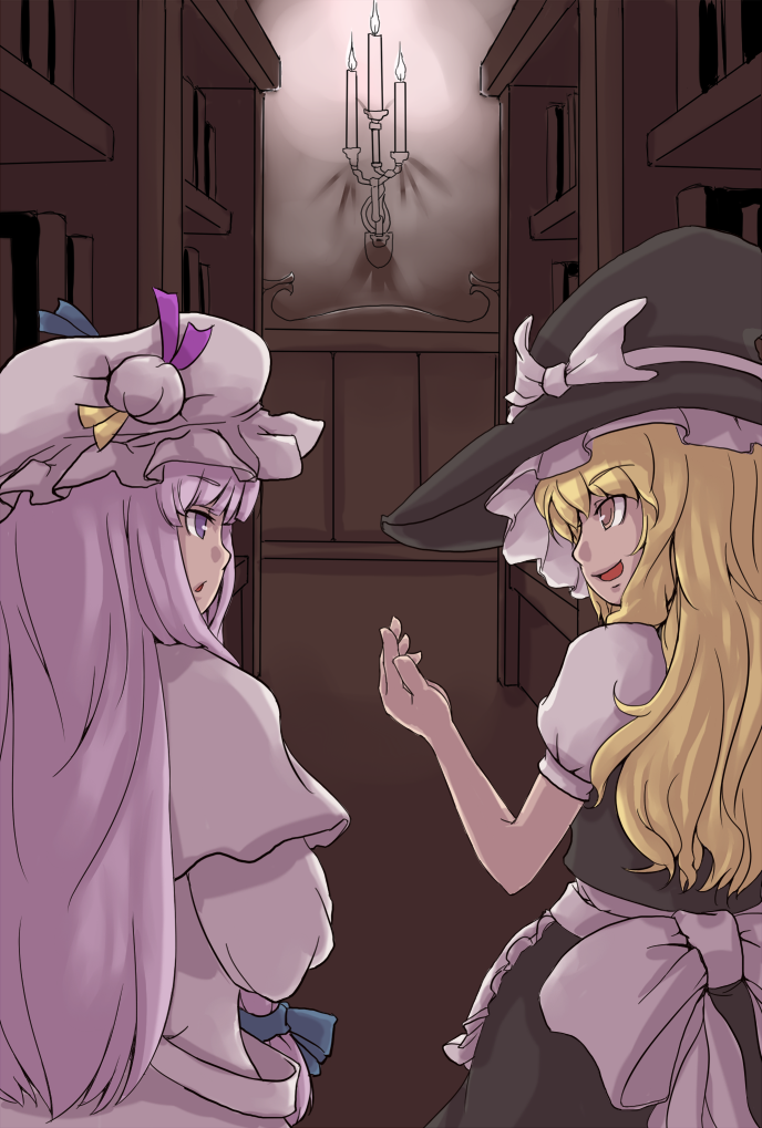 ishikoro, kirisame marisa, patchouli knowledge, touhou, bad id, bad pixiv id, 2girls, blonde hair, braid, female focus, hat, indoors, long hair, multiple girls, purple eyes, purple hair, ribbon, skirt, witch, witch hat, yellow eyes