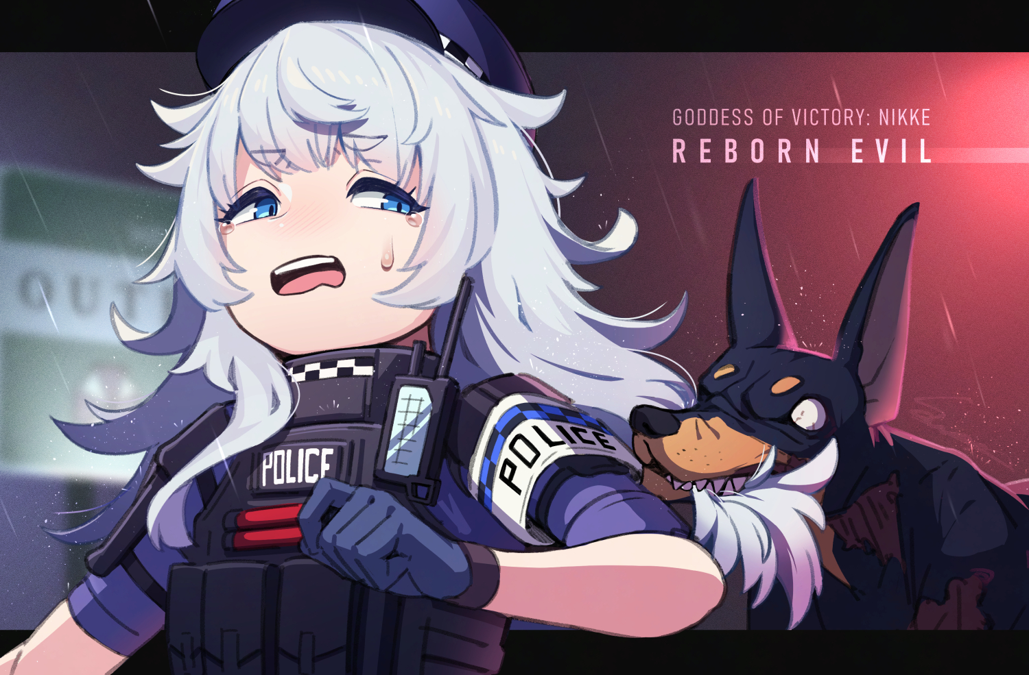sawasa, poli (nikke), goddess of victory: nikke, resident evil, 1girl, biting another's hair, blue eyes, blue gloves, bulletproof vest, copyright name, dog, gloves, grey hair, hat, long hair, open mouth, police, police hat, police uniform, policewoman, rain, solo, sweatdrop, tactical clothes, teeth, upper teeth only, walkie-talkie, zombie
