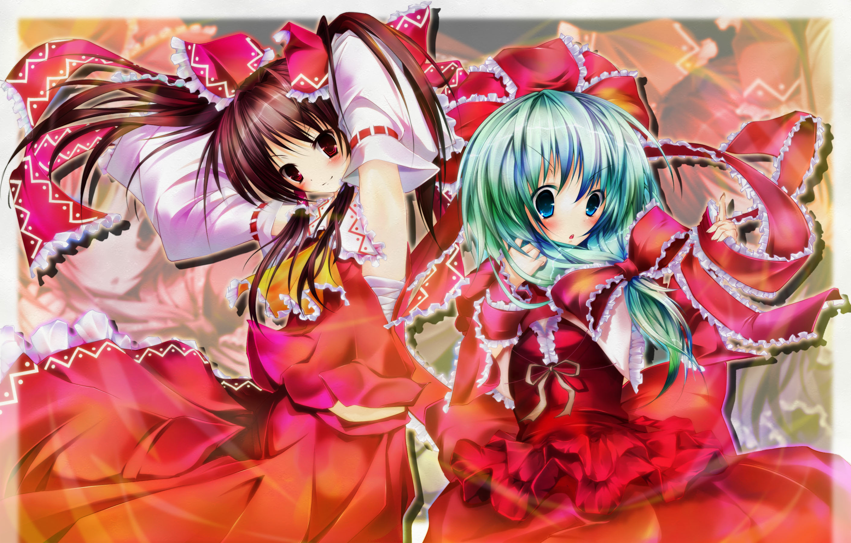 nironiro, hakurei reimu, kagiyama hina, touhou, highres, jpeg artifacts, 2girls, blue eyes, brown hair, color connection, detached sleeves, female focus, front ponytail, green hair, hair ribbon, japanese clothes, miko, multiple girls, ribbon