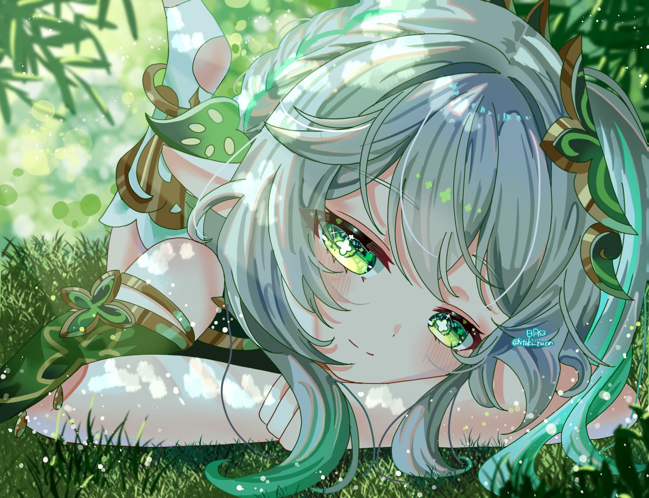 hitsuki (ruon), nahida (genshin impact), genshin impact, commentary request, highres, textless version, 1girl, bare shoulders, blush, closed mouth, cross-shaped pupils, day, detached sleeves, gradient hair, green eyes, green hair, green sleeves, hair between eyes, hair ornament, leaf hair ornament, long hair, looking at viewer, lying, multicolored hair, on grass, on stomach, outdoors, pointy ears, sleeveless, smile, solo, symbol-shaped pupils, twitter username, white hair