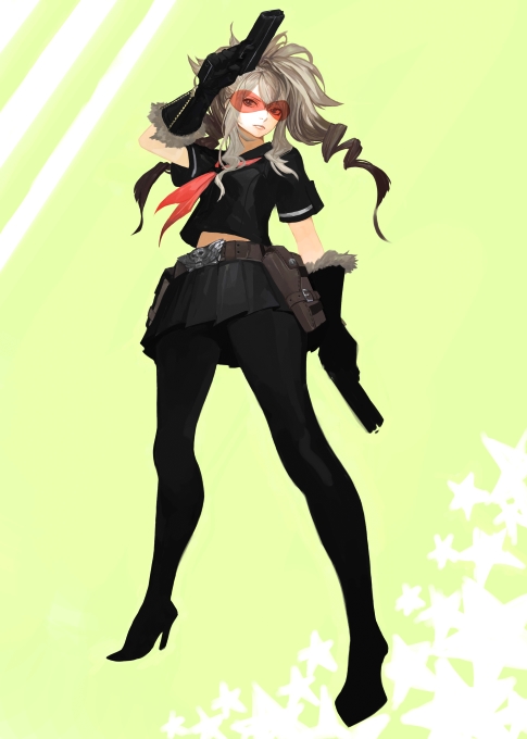 v8, dual wielding, glasses, gun, holding, legs, pantyhose, school uniform, serafuku, solo, weapon