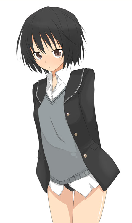 maro nie, nanasaki ai, amagami, arms behind back, black hair, no pants, short hair, solo