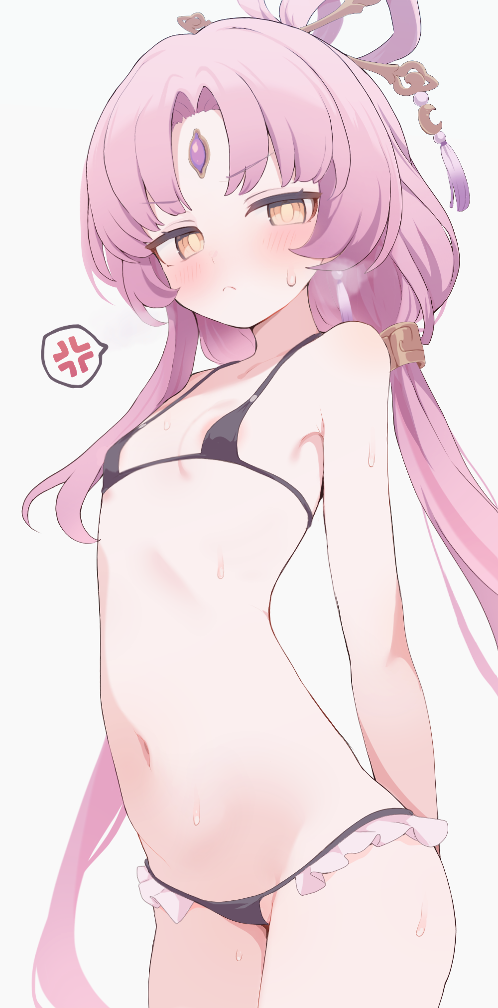 hone kawa, fu xuan (honkai: star rail), honkai: star rail, honkai (series), commentary request, highres, revision, 1girl, anger vein, bare shoulders, bikini, black bikini, blush, bow-shaped hair, breasts, closed mouth, collarbone, forehead jewel, hair ornament, hair stick, long hair, looking at viewer, low twintails, micro bikini, navel, parted bangs, pink hair, small breasts, solo, speech bubble, spoken anger vein, swimsuit, tassel, thighs, twintails, very long hair, yellow eyes