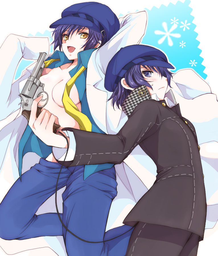 akina tsukako, shadow (persona), shirogane naoto, atlus, persona, persona 4, 2girls, androgynous, blonde hair, blue eyes, blue hair, breasts, censored, convenient censoring, dark persona, dual persona, gun, handgun, hat, lab coat, long sleeves, multiple girls, newsboy cap, no bra, open clothes, open shirt, oversized clothes, reverse trap, revolver, school uniform, shirt, weapon