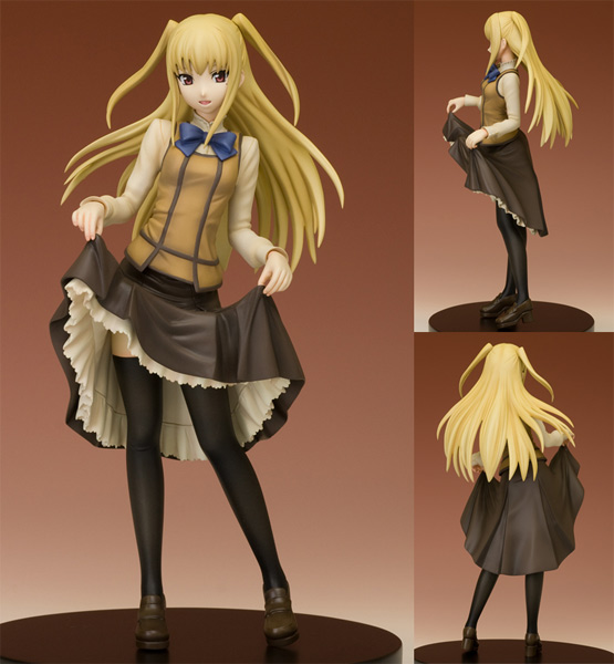 shidou mariya, maria holic, photo (medium), 00s, 1boy, alternate legwear, blonde hair, clothes lift, figure, figure (medium), male focus, mole, mole under eye, skirt, skirt lift, thighhighs, trap, twintails