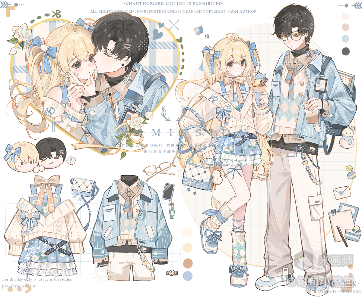 original, commission, 1boy, 1girl, ahoge, bag, black hair, blonde hair, blue bow, blue eyes, blue jacket, blue skirt, bow, bowtie, closed mouth, color guide, cup, food, frilled skirt, frills, full body, glasses, grid background, hair bow, hair ornament, holding, holding cup, holding food, jacket, long hair, long sleeves, looking at viewer, mihuashi username, multiple views, open clothes, open jacket, parted bangs, pleated skirt, shoes, short hair, skirt, smile, sneakers, socks, standing, standing on one leg, sweater, twintails, two side up, watermark, white background, white bow, white bowtie, white shoes, white socks, white sweater, xun xun xiaolongbao