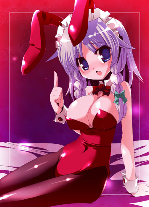 miuku (marine sapphire), izayoi sakuya, touhou, silver hair, 1girl, animal ears, blush, braid, breasts, costume, female focus, large breasts, pantyhose, playboy bunny, rabbit ears, ribbon, short hair, solo, twin braids