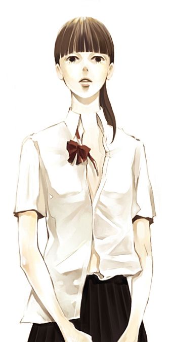 uniform, tagme, blouse, blunt bangs, bow, bowtie, brown hair, collared shirt, cowboy shot, ponytail, red bow, red bowtie, shirt, simple background, white background, white shirt