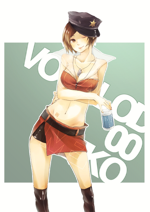 reika (artist), reika (clovia studio), meiko (vocaloid), vocaloid, bad id, bad pixiv id, 1girl, bare shoulders, belt, boots, bottle, breasts, brown eyes, brown hair, cleavage, dog tags, female focus, hat, large breasts, midriff, nail polish, one eye closed, short hair, shorts, smile, solo, wink