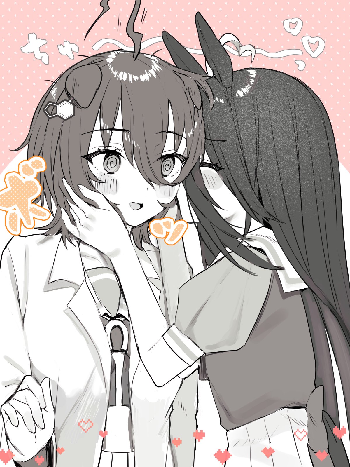 nochatea, agnes tachyon (umamusume), manhattan cafe (umamusume), umamusume, commentary, highres, translation request, 2girls, @ @, animal ears, blush, greyscale with colored background, hand on another's face, heart, horse ears, horse girl, kiss, kissing cheek, lab coat, long hair, medium hair, multiple girls, open mouth, pink background, pleated skirt, school uniform, skirt, tracen school uniform, yuri