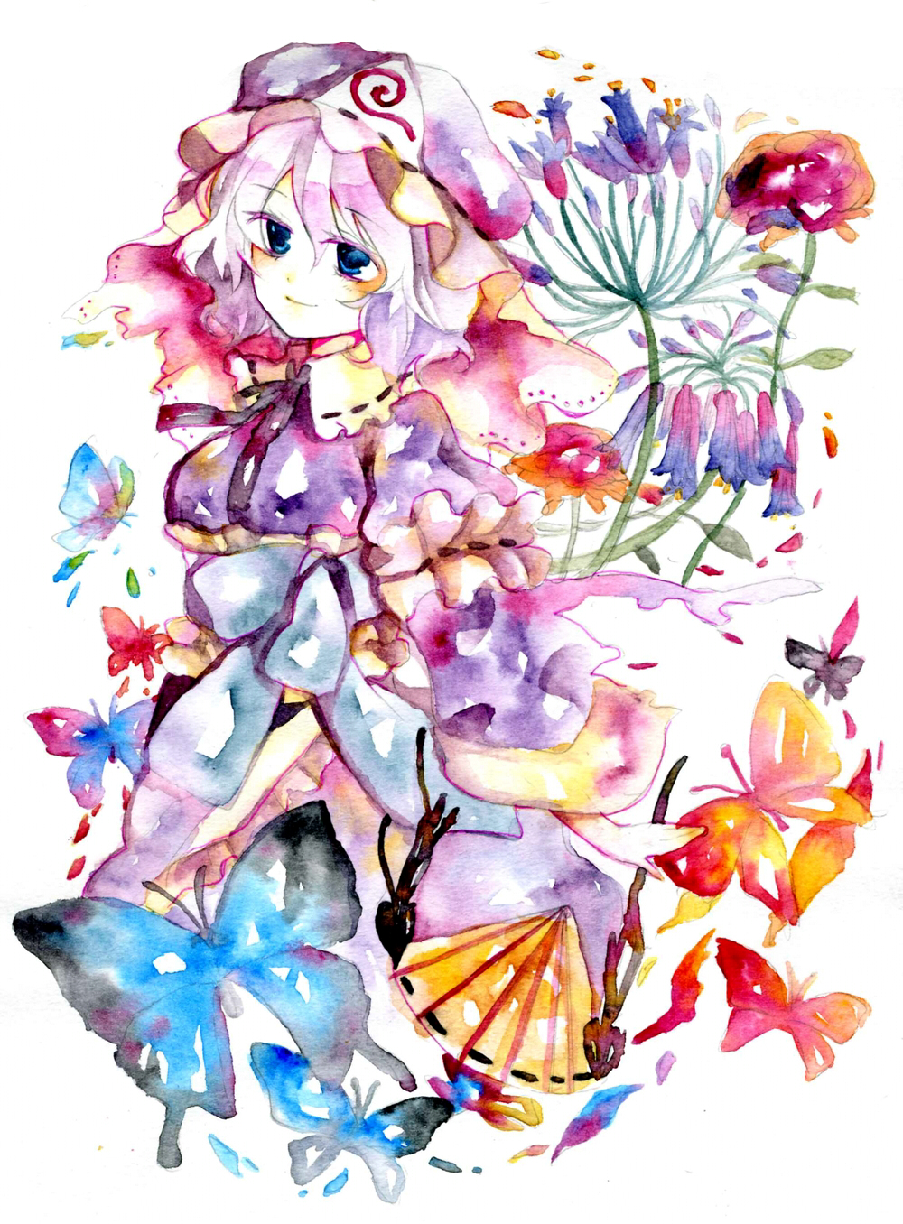 legomaru, saigyouji yuyuko, touhou, bad id, bad pixiv id, highres, painting (medium), traditional media, watercolor (medium), 1girl, blue eyes, breasts, bug, butterfly, colorful, female focus, flower, hand fan, hat, japanese clothes, kimono, nature, pink hair, plant, short hair, solo, white background