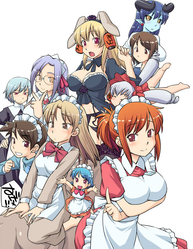 hinemosu notari, astaroth (shinrabanshou), chikoi, daiginjou, kiri-san, kudoi, medoi, modoi, yamada-san, yami yuki, futaba channel, nijiura maids, shinrabanshou, breast hold, bad id, bad pixiv id, 6+girls, animal ears, arms up, black sclera, blue hair, blue skin, breasts, brown eyes, brown hair, cleavage, colored sclera, colored skin, earrings, garter belt, glasses, heart, heart earrings, horns, jewelry, lace, large breasts, long hair, maid, medium breasts, mini person, minigirl, multiple girls, o/, orange hair, outstretched arms, purple eyes, purple hair, rabbit ears, red eyes, short hair, smile, thighhighs, yellow eyes