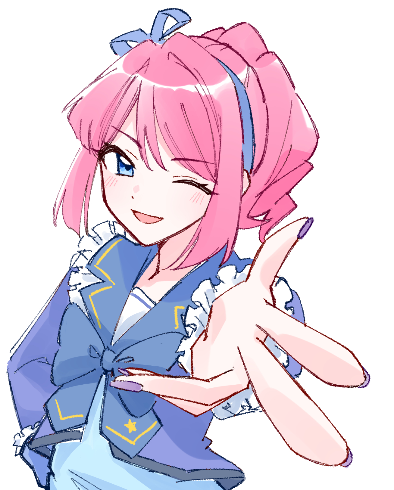 zangemiya, anyoji hime, link! like! love live!, love live!, character request, check character, cosplay request, highres, 1girl, ;d, blue bow, blue bowtie, blue eyes, blue ribbon, blue sailor collar, blue shirt, bow, bow hairband, bowtie, hair intakes, hair ribbon, hairband, long sleeves, looking at viewer, one eye closed, open mouth, ponytail, purple nails, ribbon, sailor collar, shirt, simple background, smile, solo, w, white background