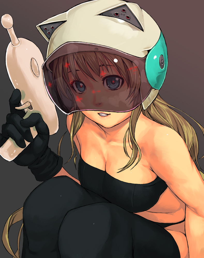 yuuji (and), mustard seeds, original, visor, bad id, bad pixiv id, 1girl, animal ears, bandeau, black thighhighs, blonde hair, blue eyes, cat ears, energy gun, female focus, gloves, gun, head-mounted display, helmet, lazer gun, long hair, ray gun, smile, solo, squatting, strapless, thighhighs, tube top, weapon