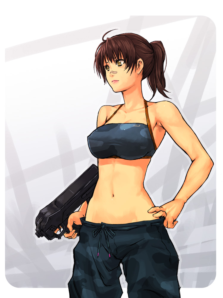 yuuji (and), original, looking away, bad id, bad pixiv id, 1girl, ahoge, armpits, bandaid, bandaid on face, bandaid on nose, breasts, brown hair, camouflage, female focus, gun, hand on own hip, hip focus, large breasts, midriff, navel, ponytail, short hair, solo, strapless, submachine gun, trigger discipline, tube top, weapon, yellow eyes