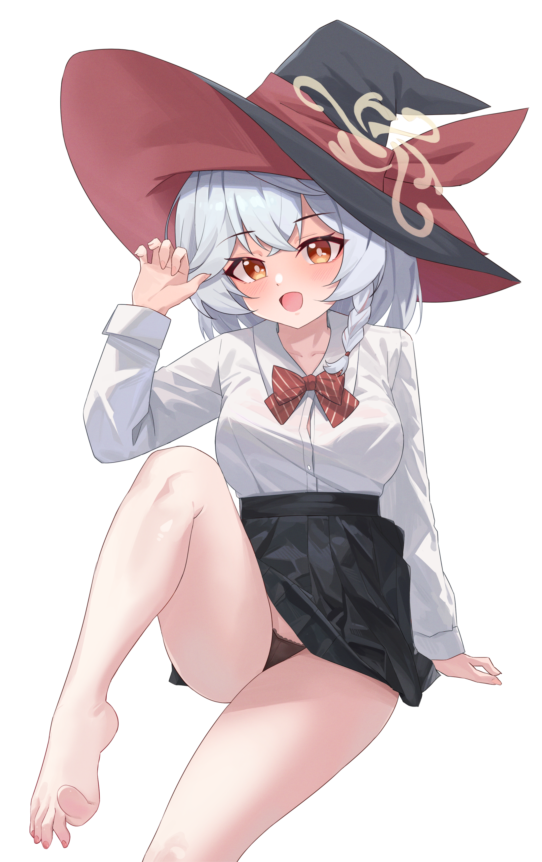 manjie, eri (blue archive), blue archive, absurdres, highres, 1girl, barefoot, black panties, black skirt, blush, bow, braid, breasts, foot out of frame, grey hair, hair between eyes, halo, hat, long hair, long sleeves, looking at viewer, open mouth, orange eyes, panties, pleated skirt, red bow, shirt, side braid, simple background, sitting, skirt, smile, solo, striped bow, underwear, white background, white hair, white shirt, witch, witch hat, yellow halo